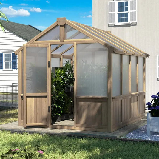 6x8 FT Greenhouse Kit, 6MM Thick Polycarbonate Panel Wooden Walk-in Green House with Lockable Door and Adjustable Roof Vent LJ Seed Co