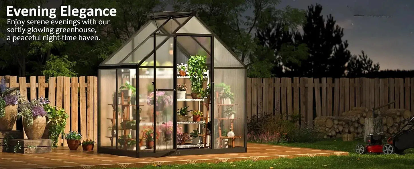 4x6 FT Greenhouse for Outdoors, Polycarbonate Greenhouse with Quick Setup Structure and Roof Vent, Aluminum Walk-in Greenhouse LJ Seeds Co.