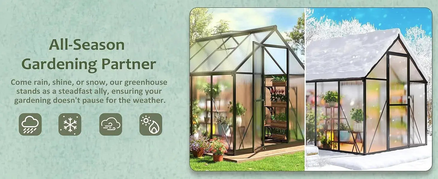 8x12 FT Greenhouse for Outdoors, Quick Setup Polycarbonate Greenhouse with Roof Vent, Aluminum Large Walk-in Greenhouse ,Black LJ Seeds Co.