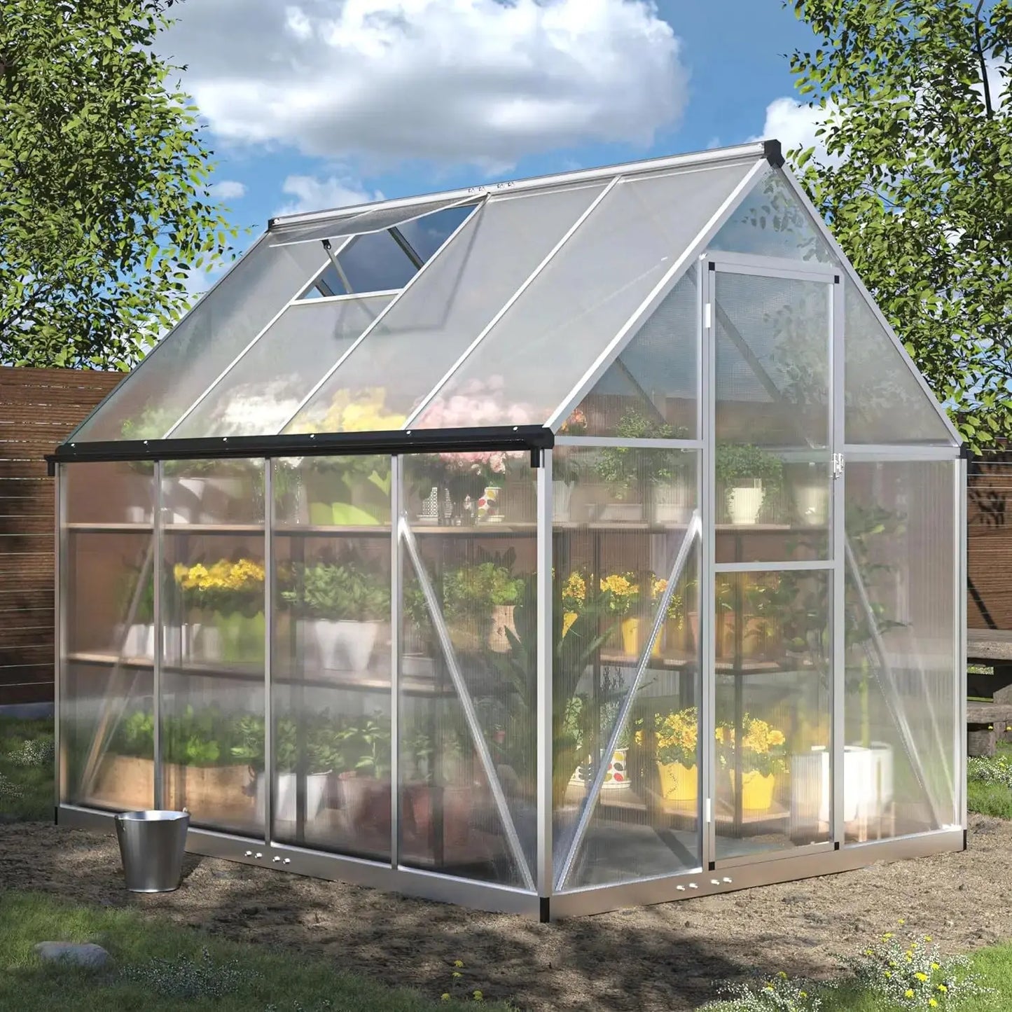 6x8/8x10  FT Greenhouse Polycarbonate with Roof Vent and Lockable Doors LJ Seeds Co.