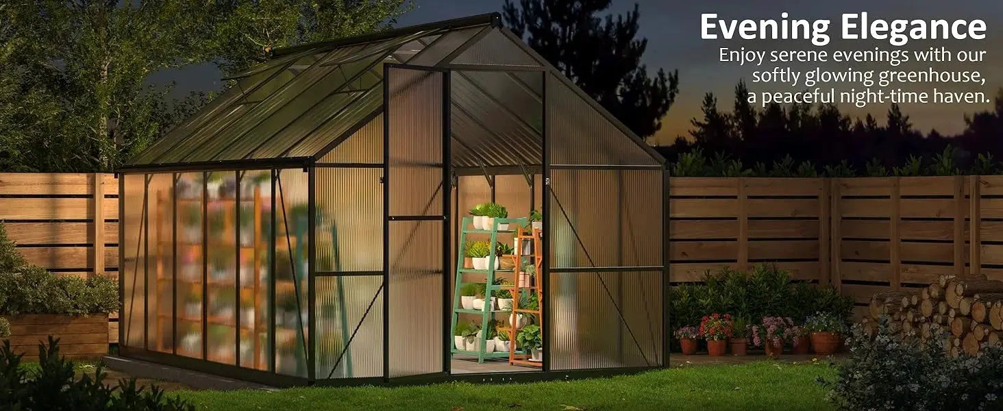 8x12 FT Greenhouse for Outdoors, Quick Setup Polycarbonate Greenhouse with Roof Vent, Aluminum Large Walk-in Greenhouse ,Black LJ Seeds Co.