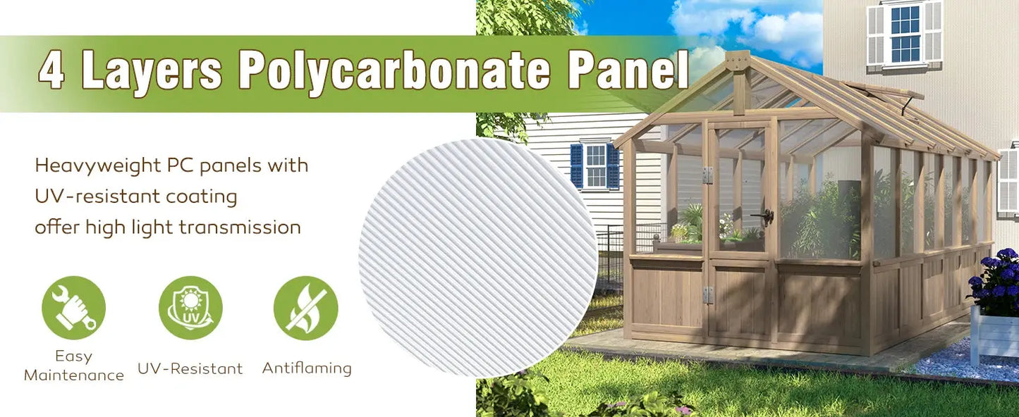 6x12 FT Greenhouse Kit for Outdoor,Polycarbonate Wooden Walk-in Green House with Lockable Door and Adjustable Roof Vent,Backyard LJ Seeds Co.