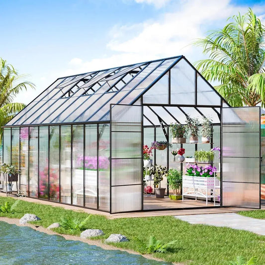 20x10x10 FT Greenhouse, Thicker Aluminum Heavy Duty Polycarbonate Greenhouse Kit W/4 Vent Window, Walk-in Green House LJ Seeds Co.