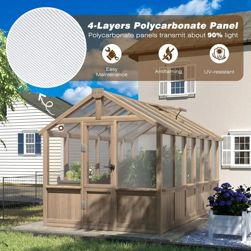 6x12 FT Greenhouse Kit for Outdoor,Polycarbonate Wooden Walk-in Green House with Lockable Door and Adjustable Roof Vent,Backyard LJ Seeds Co.
