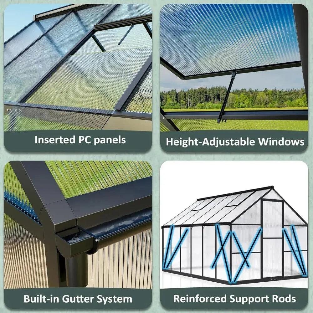 8x14 FT Greenhouse for Outdoors, Quick Setup Polycarbonate GreenhouseS with Roof Vent, Aluminum Large Walk-in Greenhouse LJ Seeds Co.