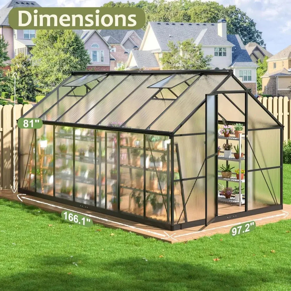 8x14 FT Greenhouse for Outdoors, Quick Setup Polycarbonate GreenhouseS with Roof Vent, Aluminum Large Walk-in Greenhouse LJ Seeds Co.