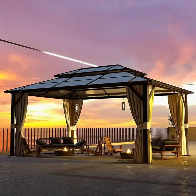 12'x16' Hardtop Gazebo, Outdoor Polycarbonate Double Roof Canopy, Aluminum Frame Pavilion with Curtains and Netting, Sunshade LJ Seeds Co.