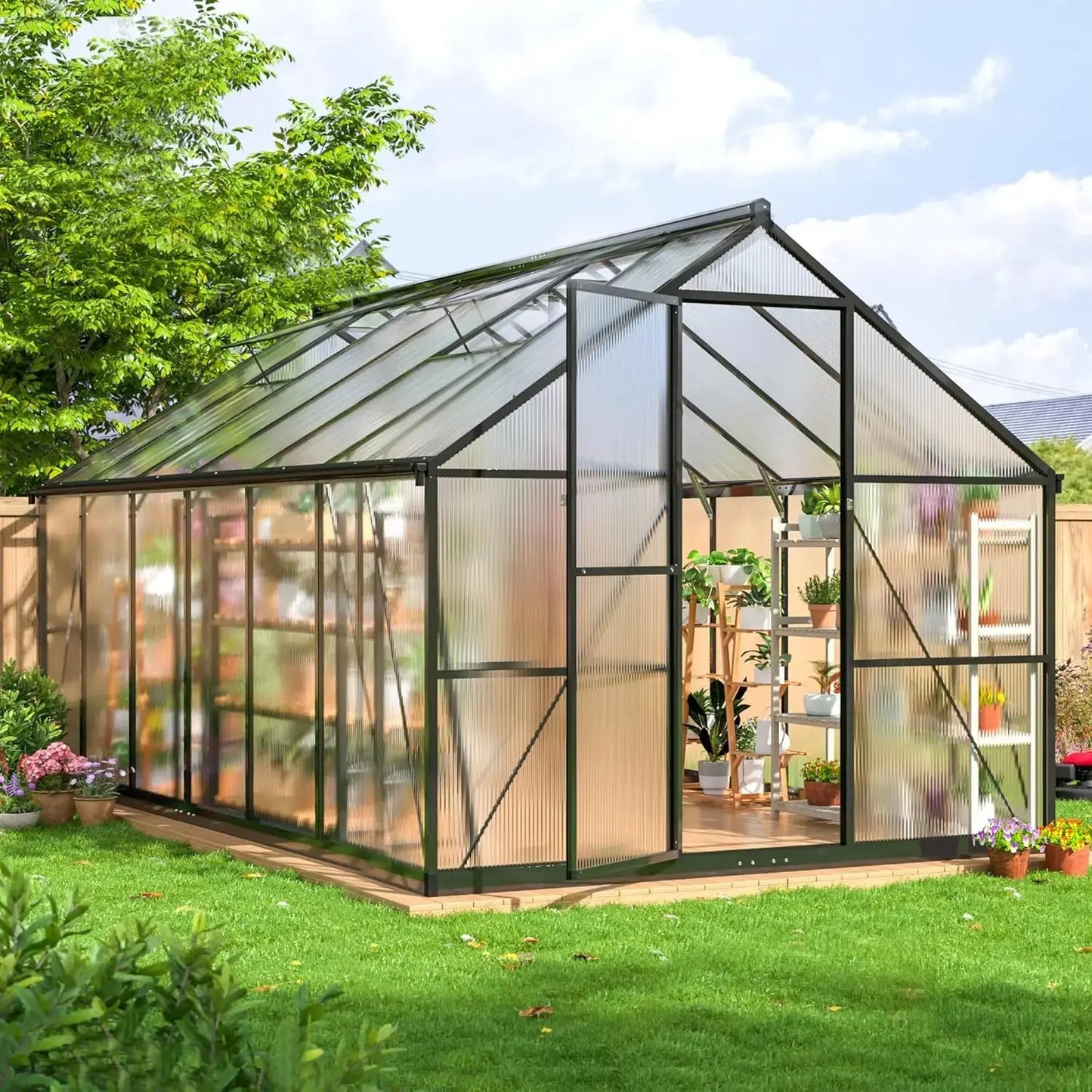 8x14 FT Greenhouse for Outdoors, Quick Setup Polycarbonate GreenhouseS with Roof Vent, Aluminum Large Walk-in Greenhouse LJ Seeds Co.