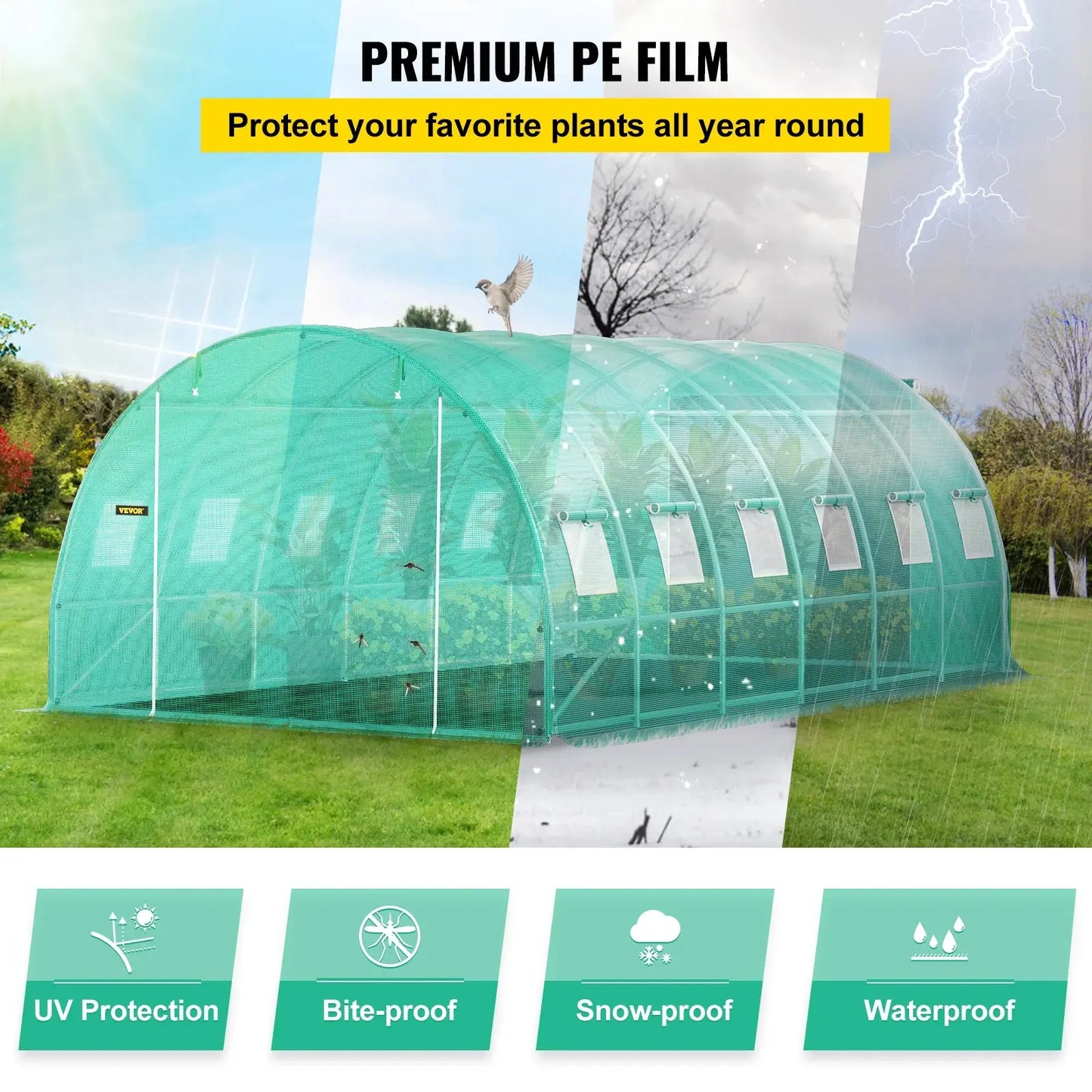 VEVOR Walk-in Tunnel Greenhouse Galvanized Frame & Waterproof Cover 15x7x7/10x7x7/20x10x7/12x7x7 ft Greenhouses & Cold Frames LJ Seeds Co.