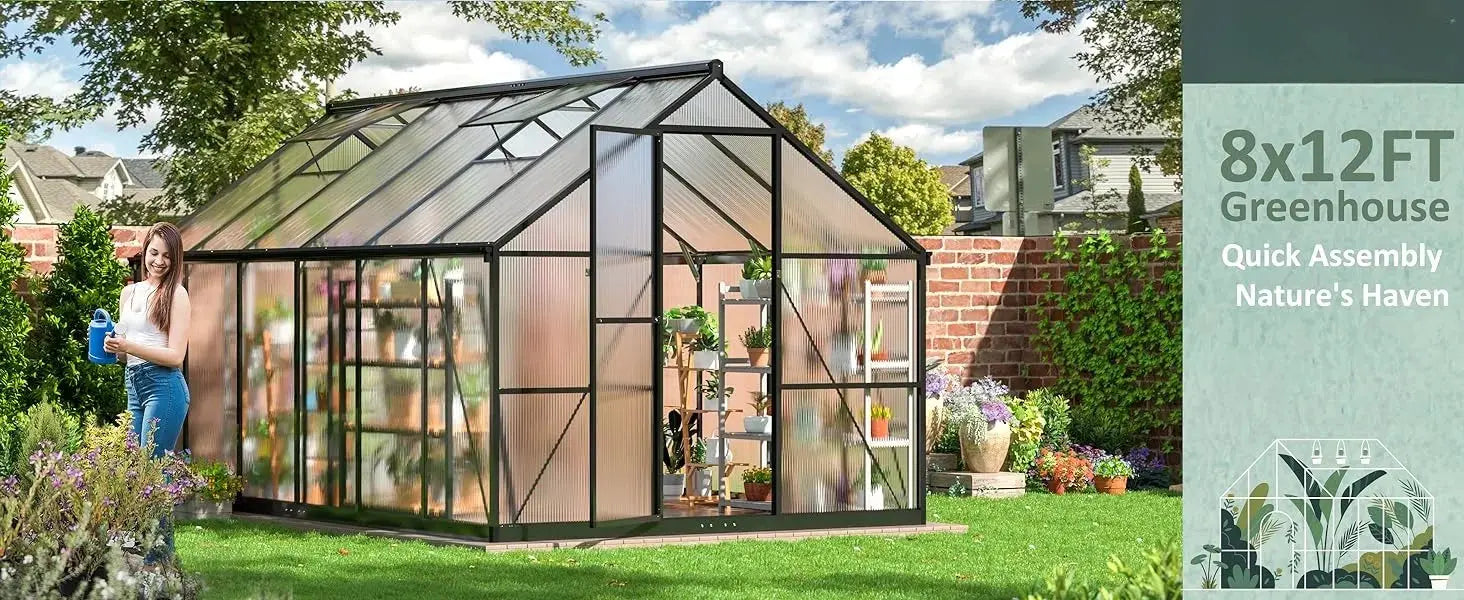 8x12 FT Greenhouse for Outdoors, Quick Setup Polycarbonate Greenhouse with Roof Vent, Aluminum Large Walk-in Greenhouse ,Black LJ Seeds Co.
