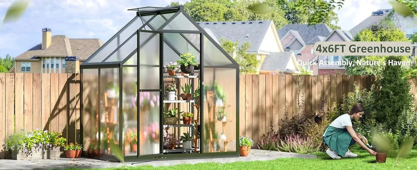 4x6 FT Greenhouse for Outdoors, Polycarbonate Greenhouse with Quick Setup Structure and Roof Vent, Aluminum Walk-in Greenhouse LJ Seeds Co.