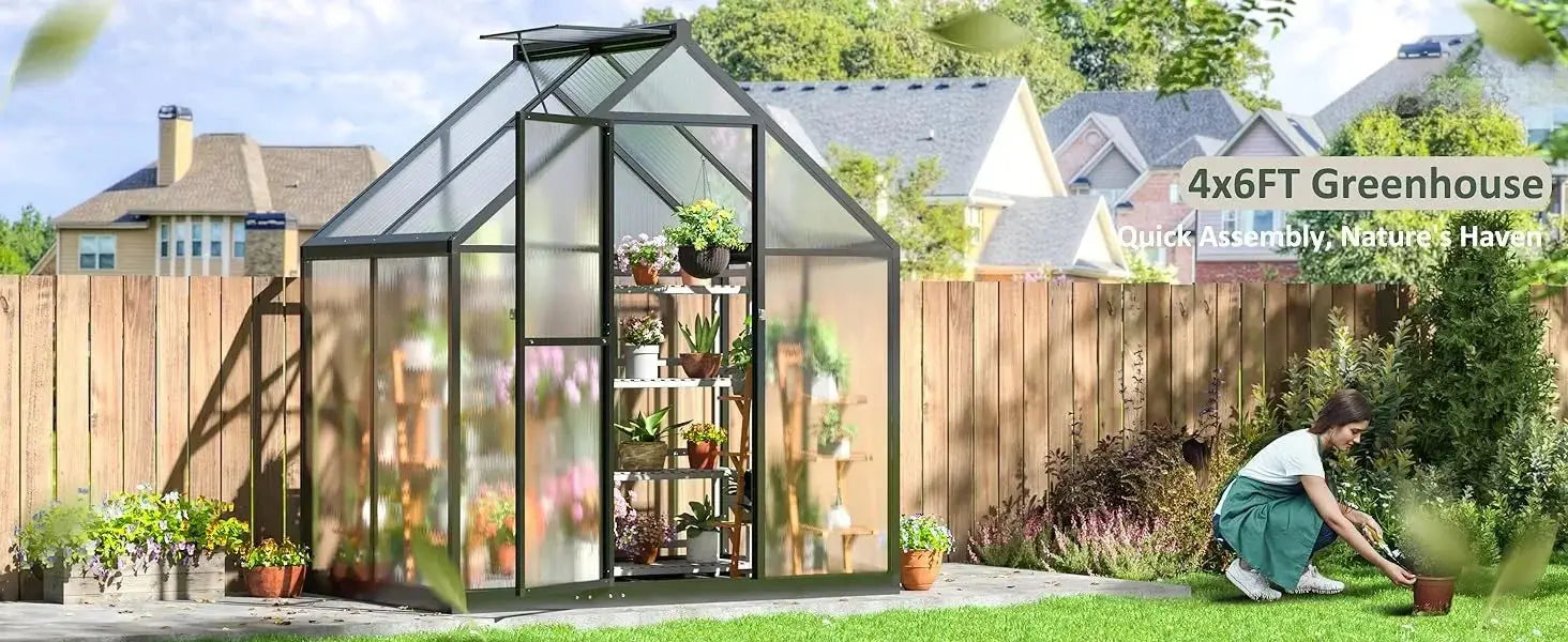 4x6 FT Greenhouse for Outdoors, Polycarbonate Greenhouse with Quick Setup Structure and Roof Vent, Aluminum Walk-in Greenhouse LJ Seeds Co.