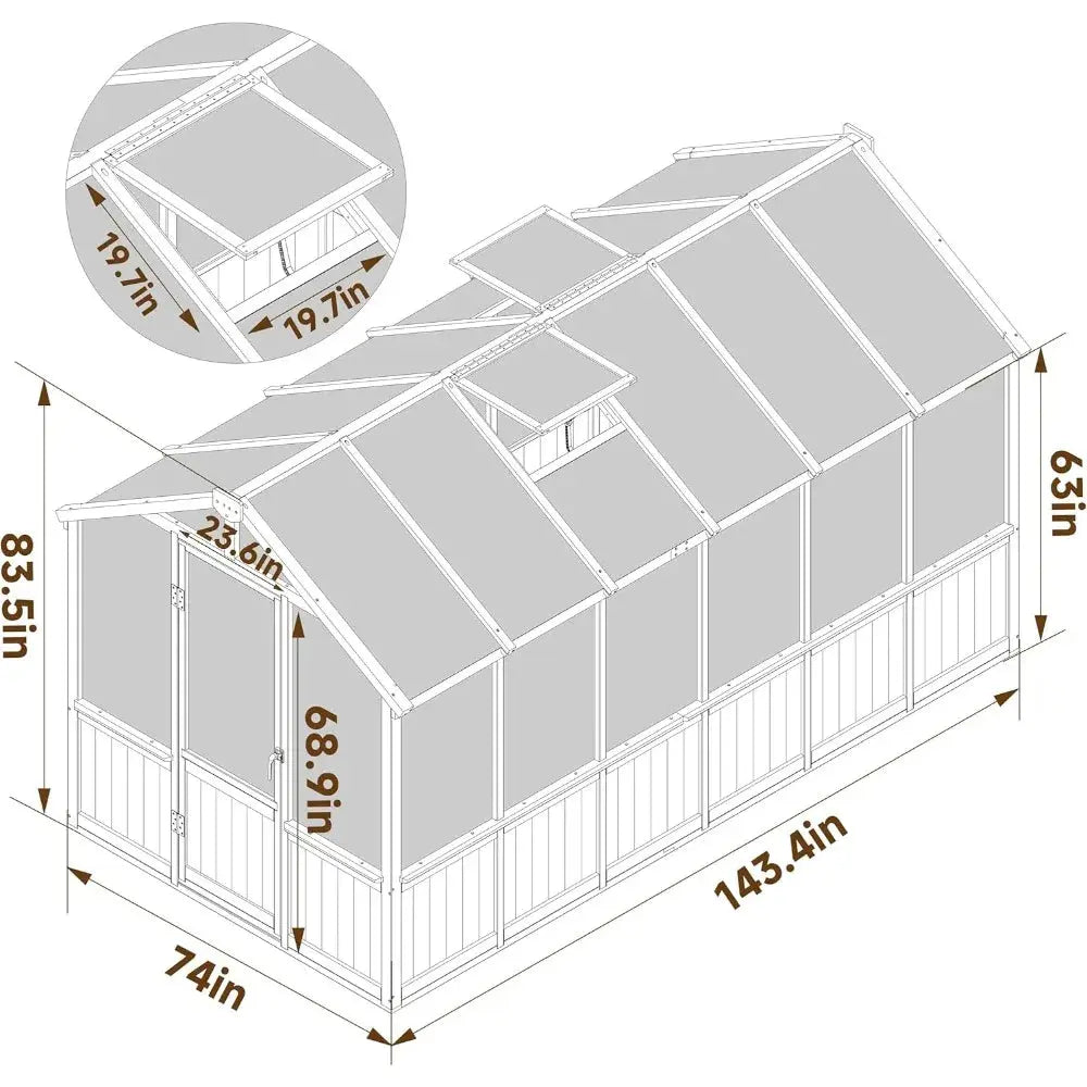 6x12 FT Greenhouse Kit for Outdoor,Polycarbonate Wooden Walk-in Green House with Lockable Door and Adjustable Roof Vent,Backyard LJ Seeds Co.