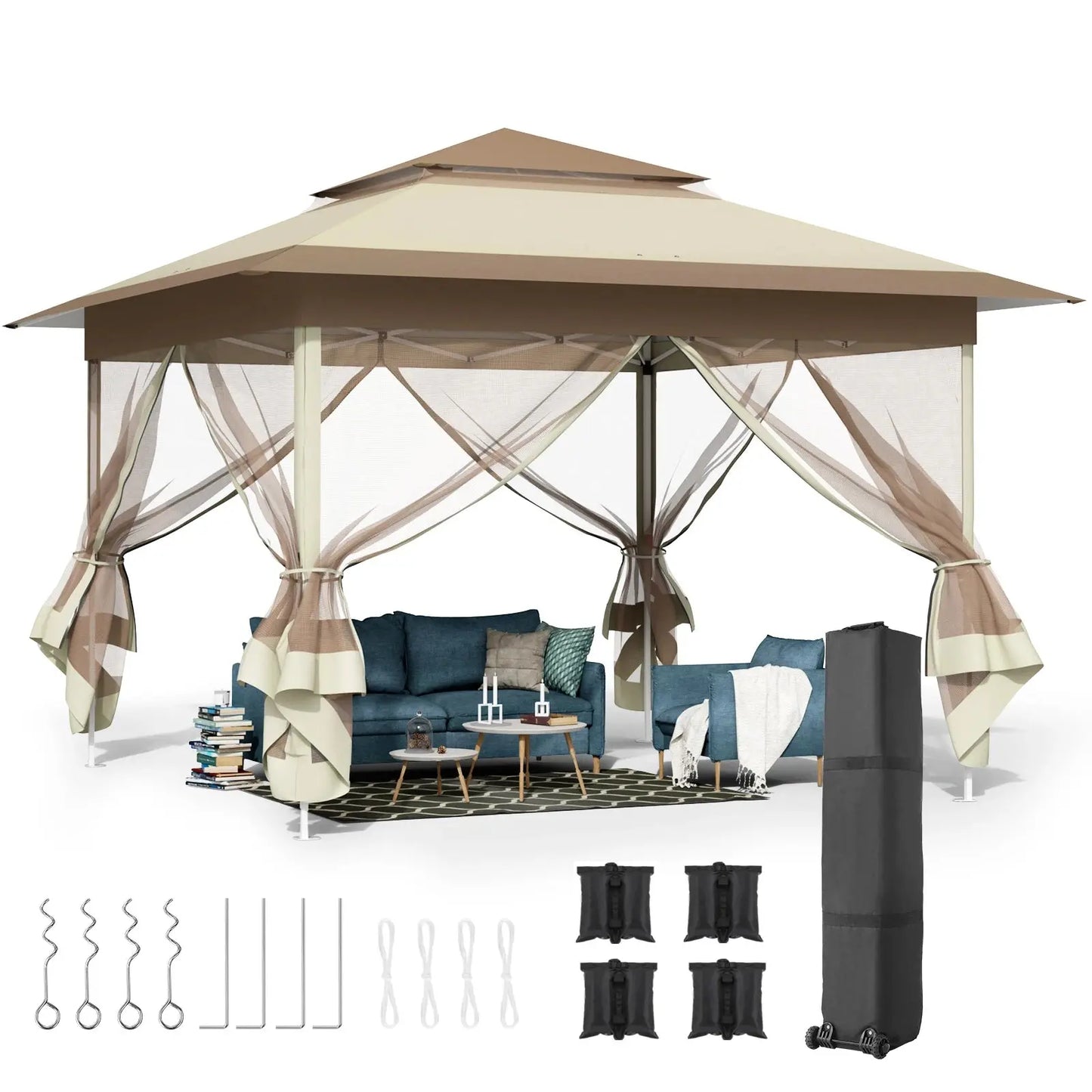 Gazebo 3.3x3.3m Waterproof Stable Pop Up Folding Gazebo, Adjustable Garden Gazebo with 4 Mosquito Net Side Panels & Double Roof LJ Seeds Co.