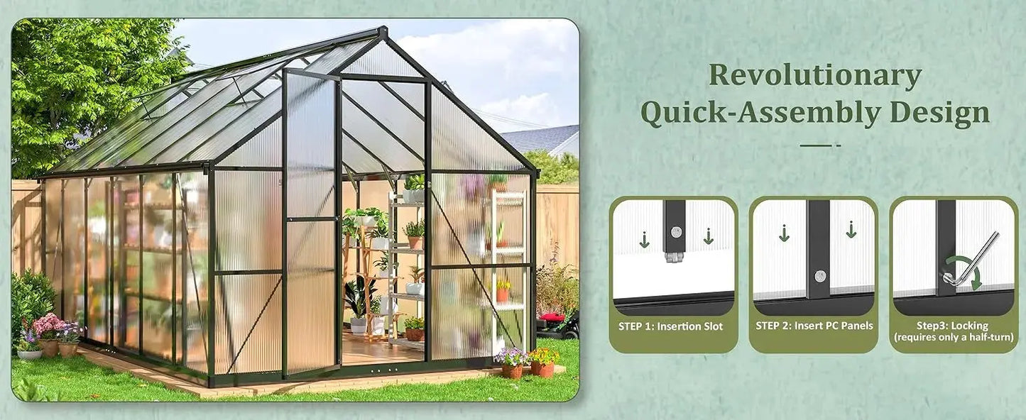 8x12 FT Greenhouse for Outdoors, Quick Setup Polycarbonate Greenhouse with Roof Vent, Aluminum Large Walk-in Greenhouse ,Black LJ Seeds Co.