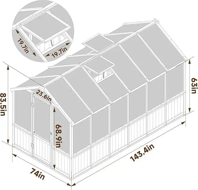 6x8 FT Greenhouse Kit, 6MM Thick Polycarbonate Panel Wooden Walk-in Green House with Lockable Door and Adjustable Roof Vent LJ Seed Co