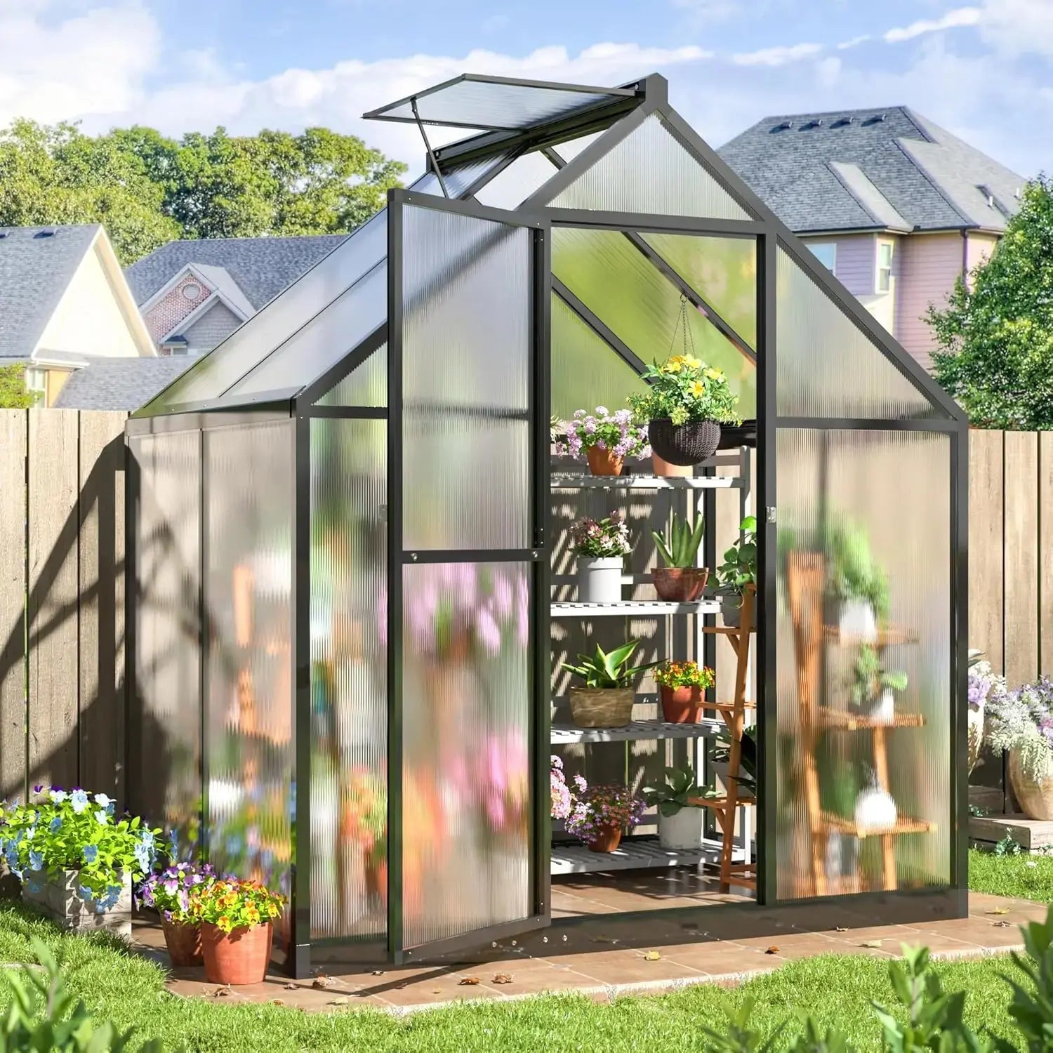 8x14 FT Greenhouse for Outdoors, Quick Setup Polycarbonate GreenhouseS with Roof Vent, Aluminum Large Walk-in Greenhouse LJ Seeds Co.