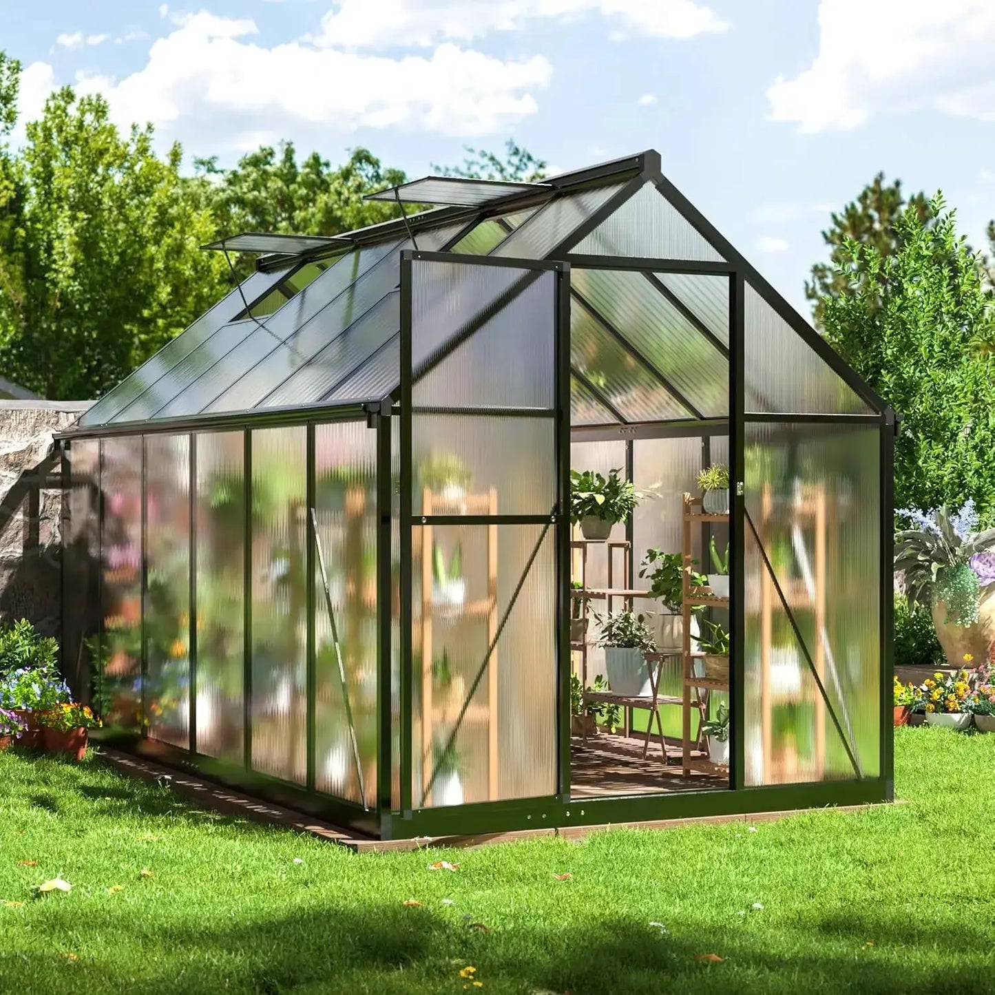 8x14 FT Greenhouse for Outdoors, Quick Setup Polycarbonate GreenhouseS with Roof Vent, Aluminum Large Walk-in Greenhouse LJ Seeds Co.