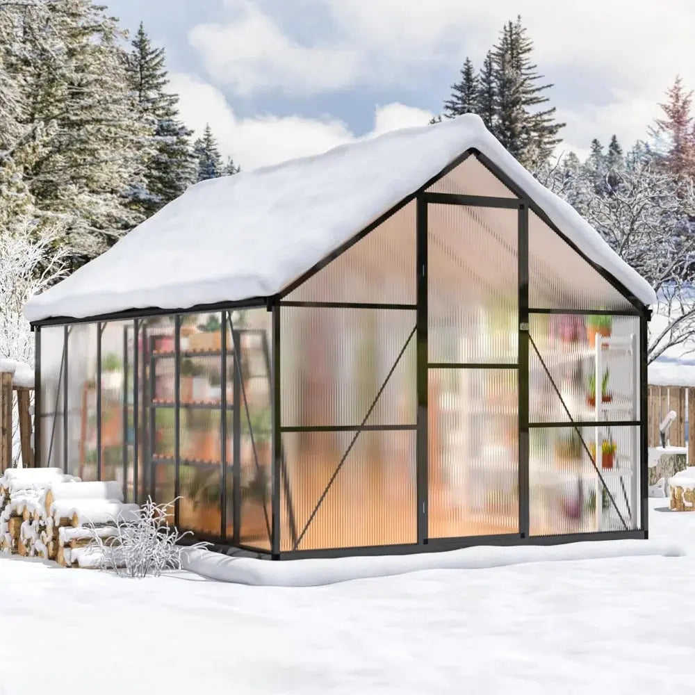 8x12 FT Greenhouse for Outdoors, Quick Setup Polycarbonate Greenhouse with Roof Vent, Aluminum Large Walk-in Greenhouse ,Black LJ Seeds Co.