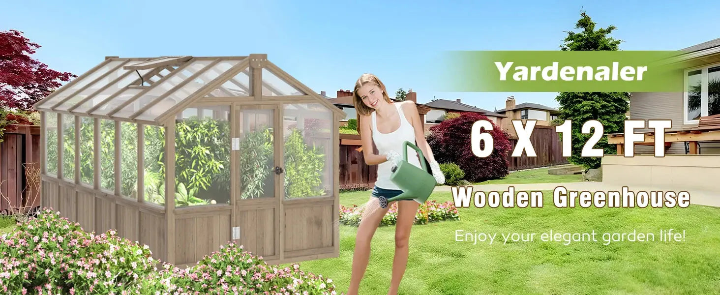 6x12 FT Greenhouse Kit for Outdoor,Polycarbonate Wooden Walk-in Green House with Lockable Door and Adjustable Roof Vent,Backyard LJ Seeds Co.