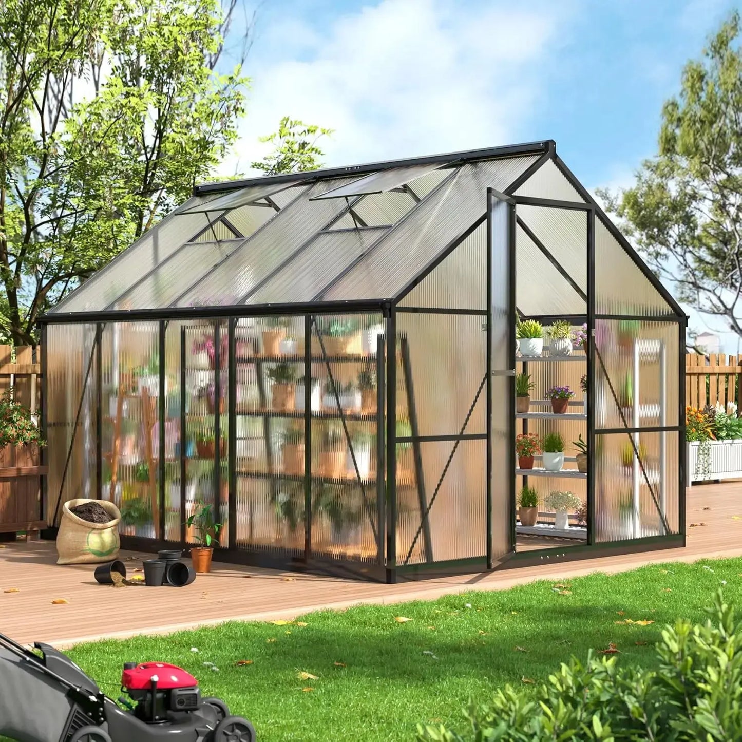 8x14 FT Greenhouse for Outdoors, Quick Setup Polycarbonate GreenhouseS with Roof Vent, Aluminum Large Walk-in Greenhouse LJ Seeds Co.