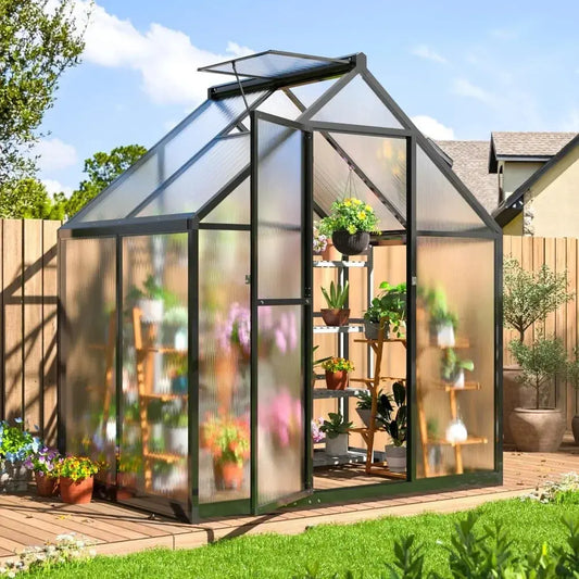 4x6 FT Greenhouse for Outdoors, Polycarbonate Greenhouse with Quick Setup Structure and Roof Vent, Aluminum Walk-in Greenhouse LJ Seeds Co.