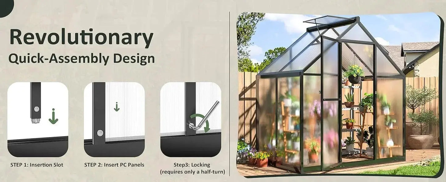 4x6 FT Greenhouse for Outdoors, Polycarbonate Greenhouse with Quick Setup Structure and Roof Vent, Aluminum Walk-in Greenhouse LJ Seeds Co.