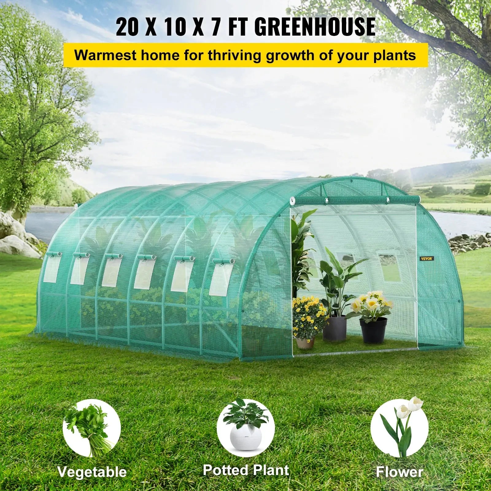 VEVOR Walk-in Tunnel Greenhouse Galvanized Frame & Waterproof Cover 15x7x7/10x7x7/20x10x7/12x7x7 ft Greenhouses & Cold Frames LJ Seeds Co.