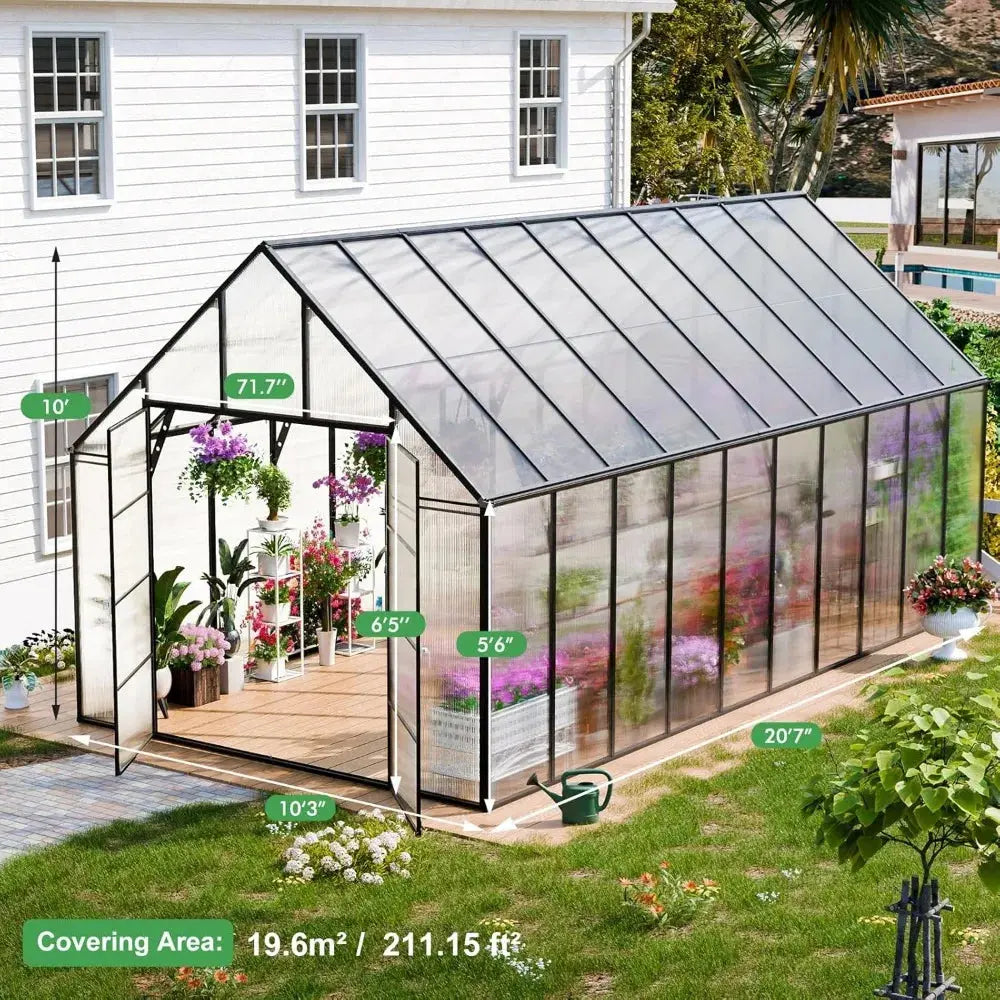 20x10x10 FT Greenhouse, Thicker Aluminum Heavy Duty Polycarbonate Greenhouse Kit W/4 Vent Window, Walk-in Green House LJ Seeds Co.