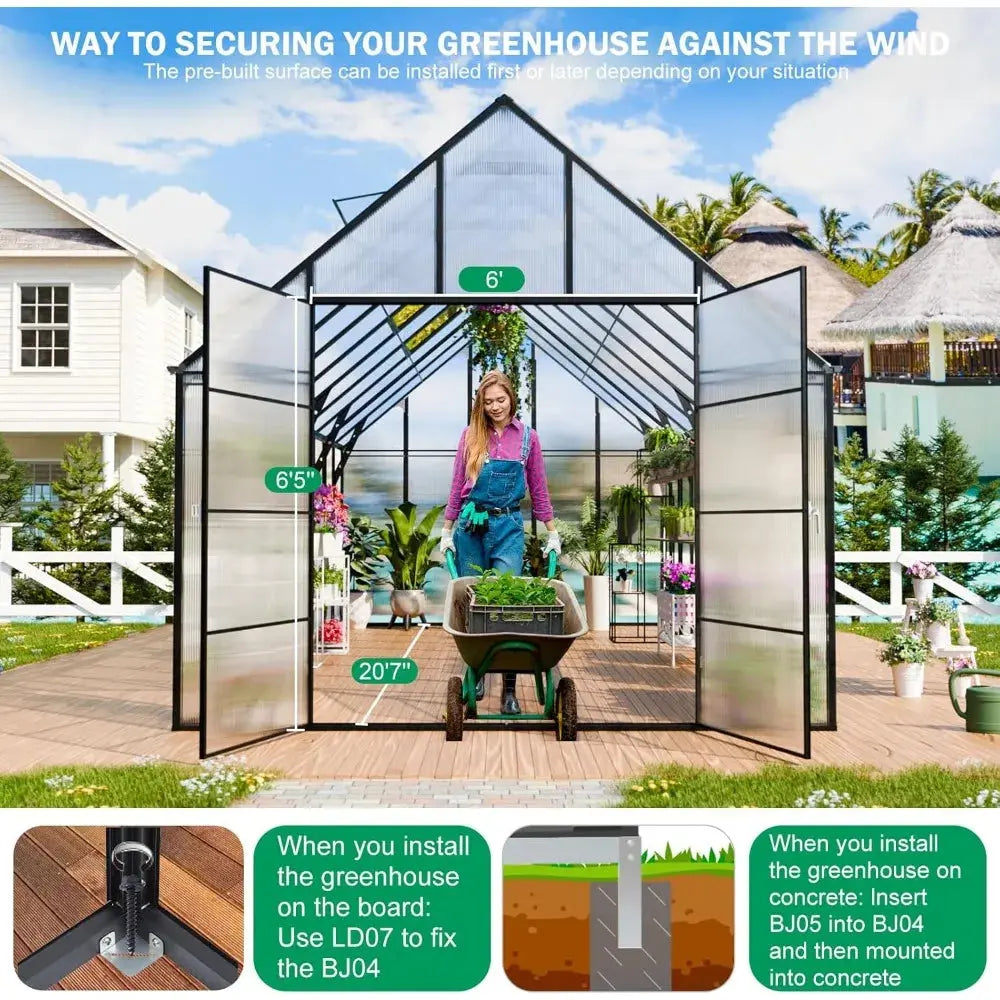20x10x10 FT Greenhouse, Thicker Aluminum Heavy Duty Polycarbonate Greenhouse Kit W/4 Vent Window, Walk-in Green House LJ Seeds Co.