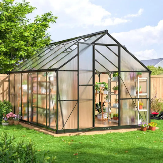 8x12 FT Greenhouse for Outdoors, Quick Setup Polycarbonate Greenhouse with Roof Vent, Aluminum Large Walk-in Greenhouse ,Black LJ Seeds Co.