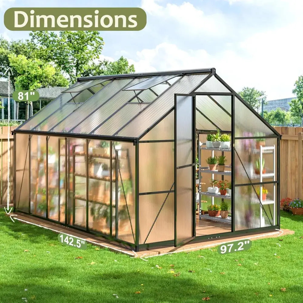 8x12 FT Greenhouse for Outdoors, Quick Setup Polycarbonate Greenhouse with Roof Vent, Aluminum Large Walk-in Greenhouse ,Black LJ Seeds Co.