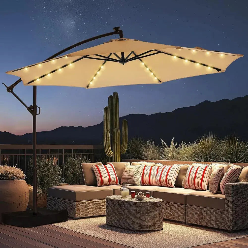 10ft Solar Offset Umbrella 32 LED Infinite Tilt Cross Base Gray 10ft Solar Offset Umbrella 32 LED Infinite Tilt Cross Base Gray