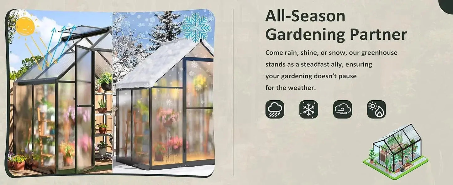 4x6 FT Greenhouse for Outdoors, Polycarbonate Greenhouse with Quick Setup Structure and Roof Vent, Aluminum Walk-in Greenhouse LJ Seeds Co.