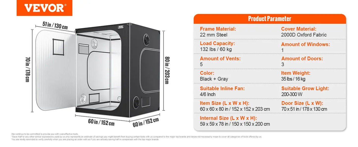 VEVOR Grow Tent High Reflective 2000D Mylar Hydroponic Growing Tent Enclosed Greenhouse for Indoor Plants Growing Observation LJ Seeds Co.