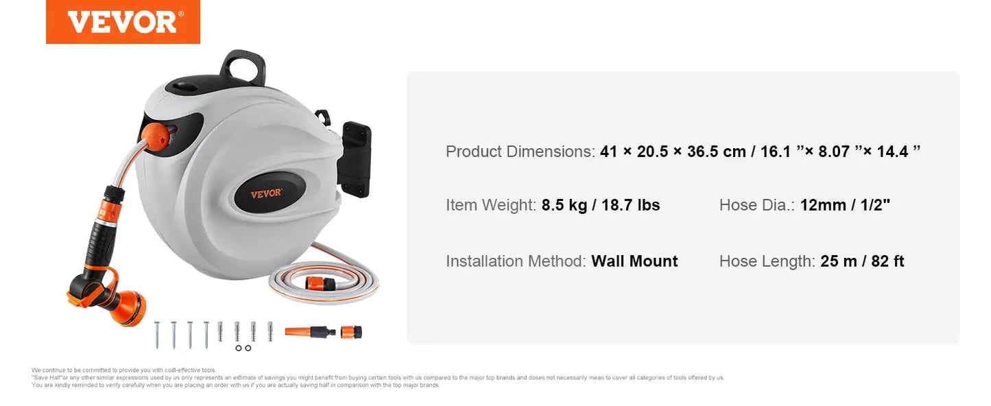 VEVOR Retractable Hose Reel 82 feet x 1/2 inch 180° Swivel Bracket Wall-Mounted Garden Water Hose Reel with 9-Pattern Nozzle LJ Seeds Co.