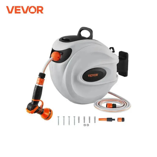 VEVOR Retractable Hose Reel 82 feet x 1/2 inch 180° Swivel Bracket Wall-Mounted Garden Water Hose Reel with 9-Pattern Nozzle LJ Seeds Co.