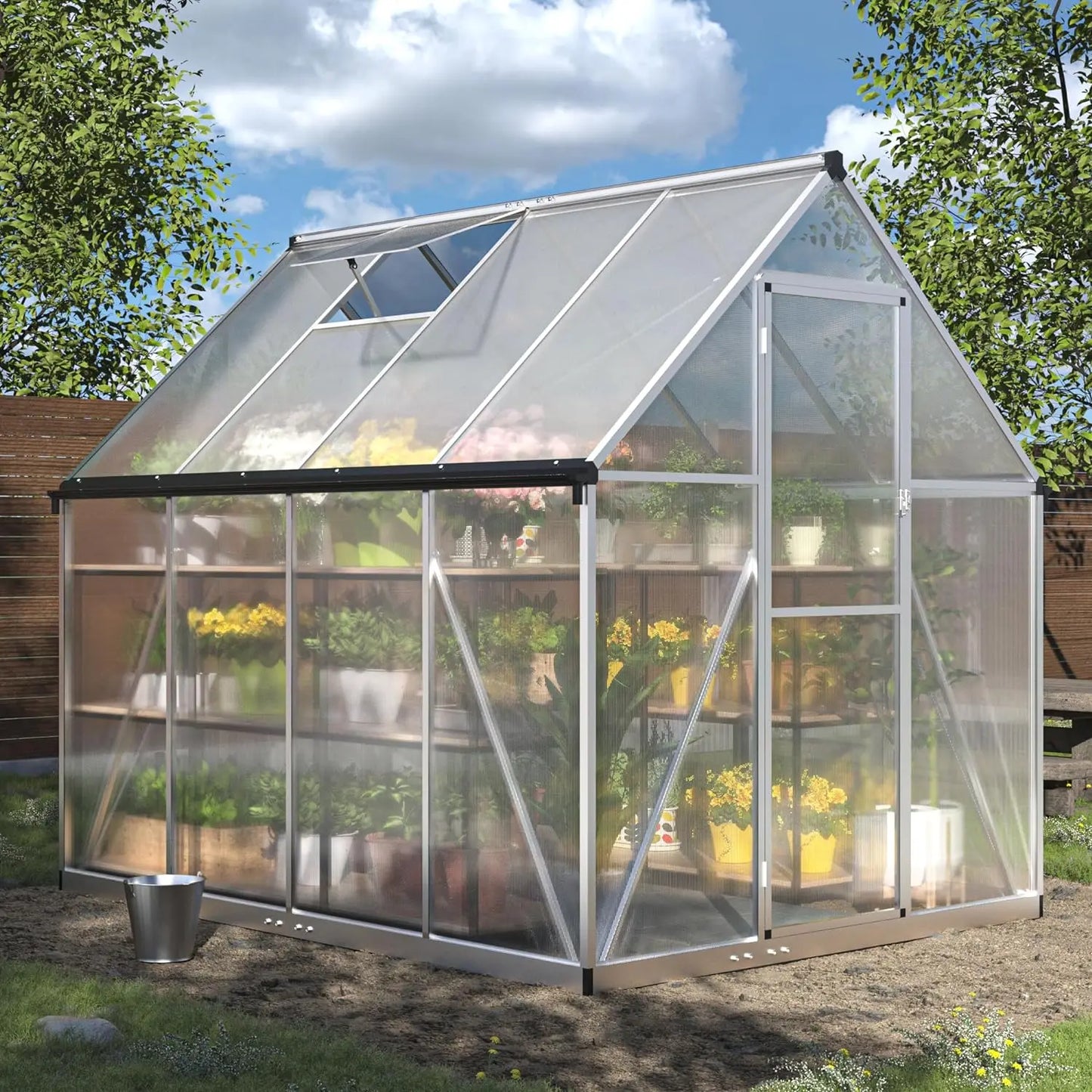 6x8/8x10  FT Greenhouse Polycarbonate with Roof Vent and Lockable Doors