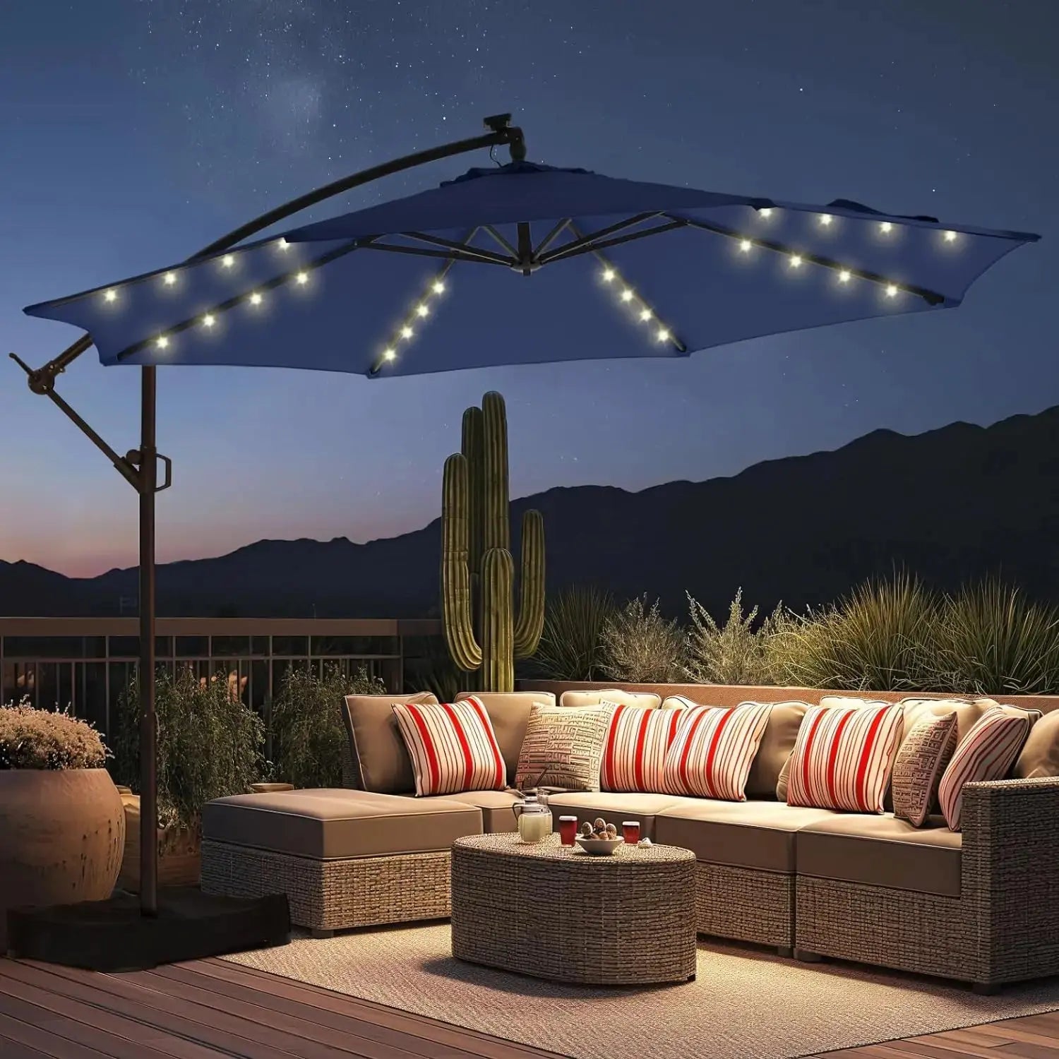 10ft Solar Offset Umbrella 32 LED Infinite Tilt Cross Base Navy 10ft Solar Offset Umbrella 32 LED Infinite Tilt Cross Base Navy