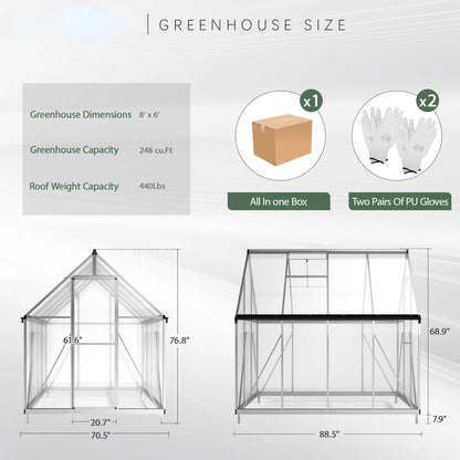 6x8/8x10  FT Greenhouse Polycarbonate with Roof Vent and Lockable Doors