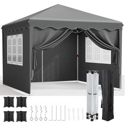 Pop Up Canopy with Sidewalls,Outdoor Winter Gazebo, 10'x10'(3x3m) Party Tent, Adjustable Leg Heights, Windows, Wheeled Carry Bag