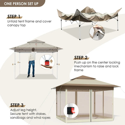 Gazebo 3.3x3.3m Waterproof Stable Pop Up Folding Gazebo, Adjustable Garden Gazebo with 4 Mosquito Net Side Panels & Double Roof