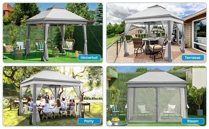 Gazebo 3.3x3.3m Waterproof Stable Pop Up Folding Gazebo, Adjustable Garden Gazebo with 4 Mosquito Net Side Panels & Double Roof