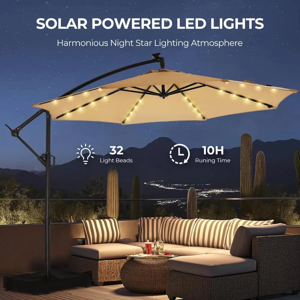 lighted offset patio umbrella BLUU 12 FT Solar Cantilever LED Aluminum Umbrella with 15 Strip Lights and Center light, Recycled Fabric 36 Month Fade Resistance, Find the perfect angle Offset 10' Solar LED Lighted